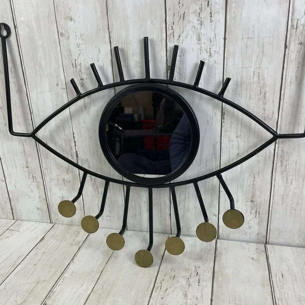 Evil Eye Wall Mirror W/ Hooks Decorative Wall Hanging Black & Gold